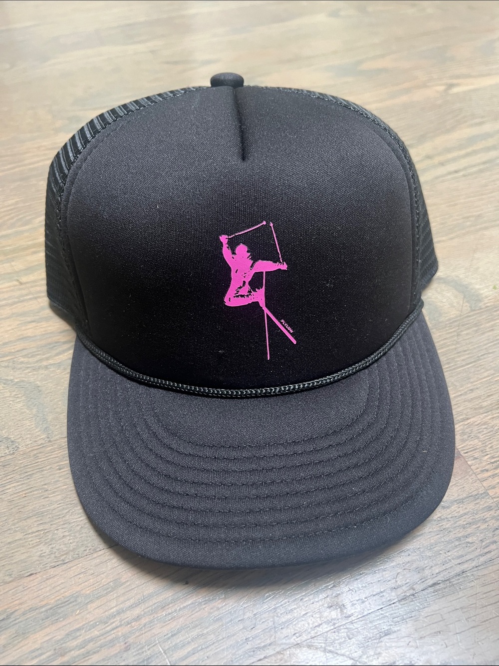 Fly Low Black Trucker Hat with Pink Ski Graphic